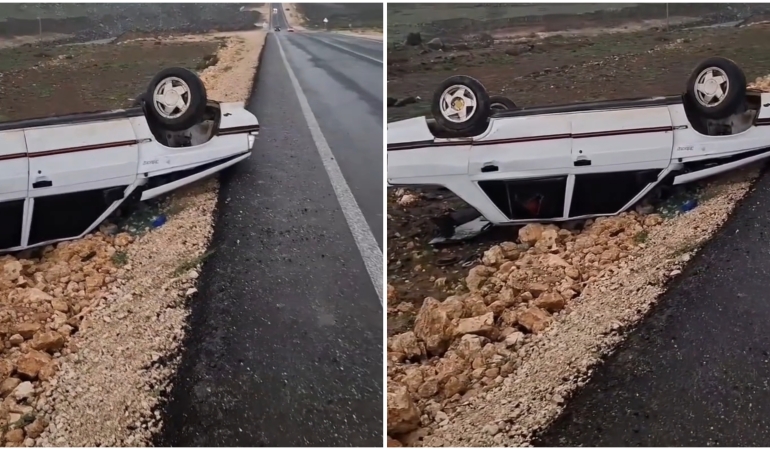 VİRANŞEHİR’DE YAĞIŞ KAZA GETİRDİ: OTOMOBİL TAKLA ATTI, SÜRÜCÜ YARALANDI